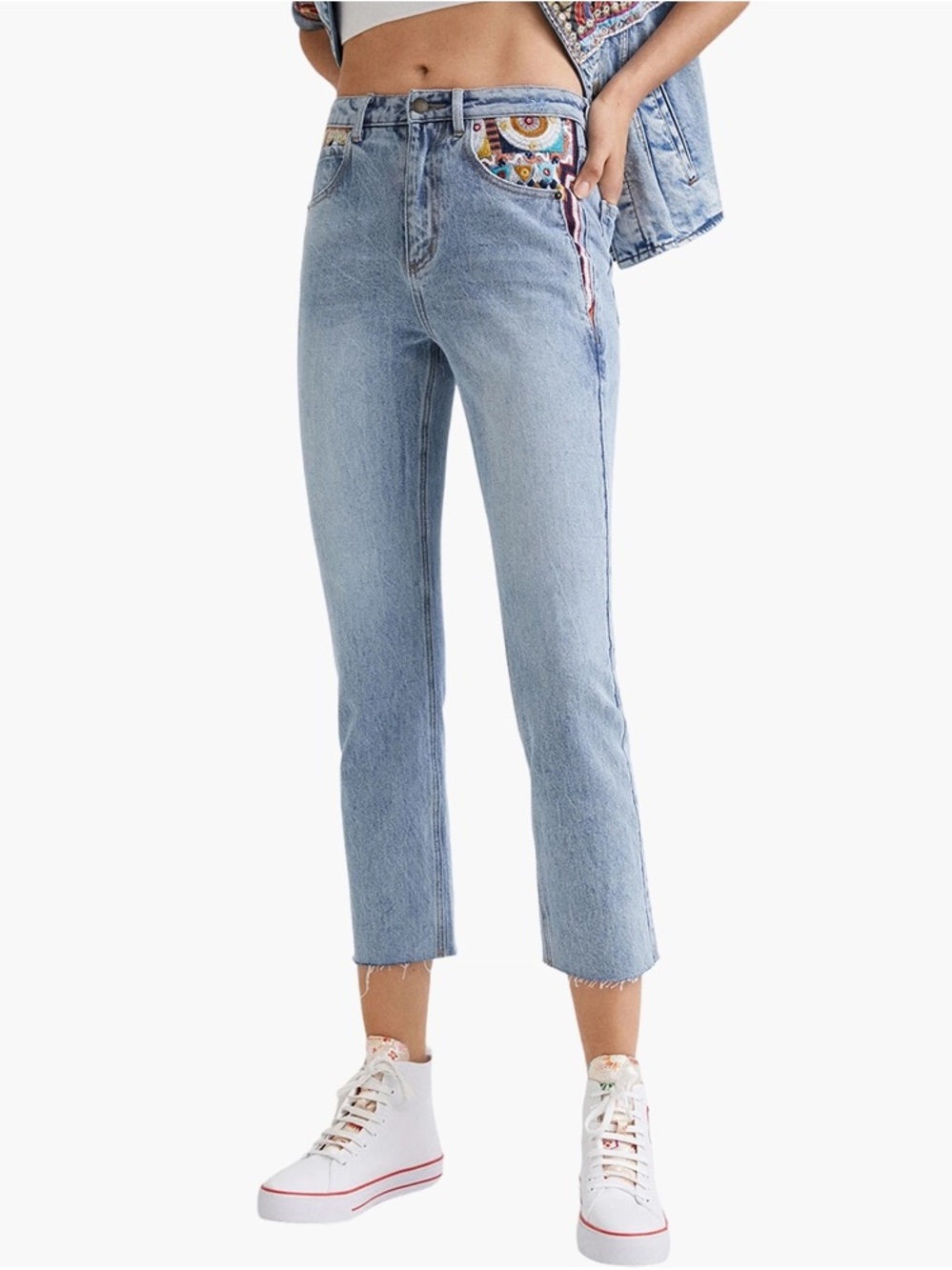 Desigual Blue Straight Cropped Motif Jeans